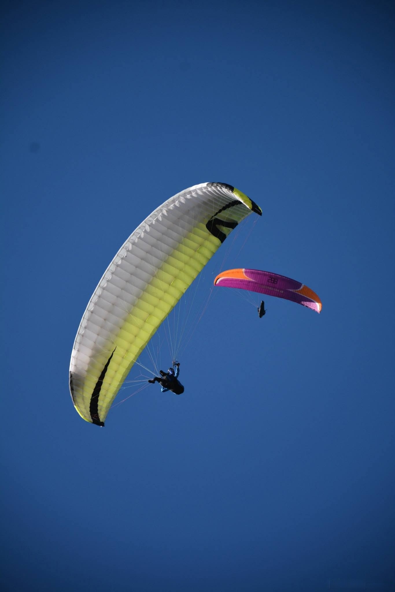 Parapente en vuelo sobre cielo azul